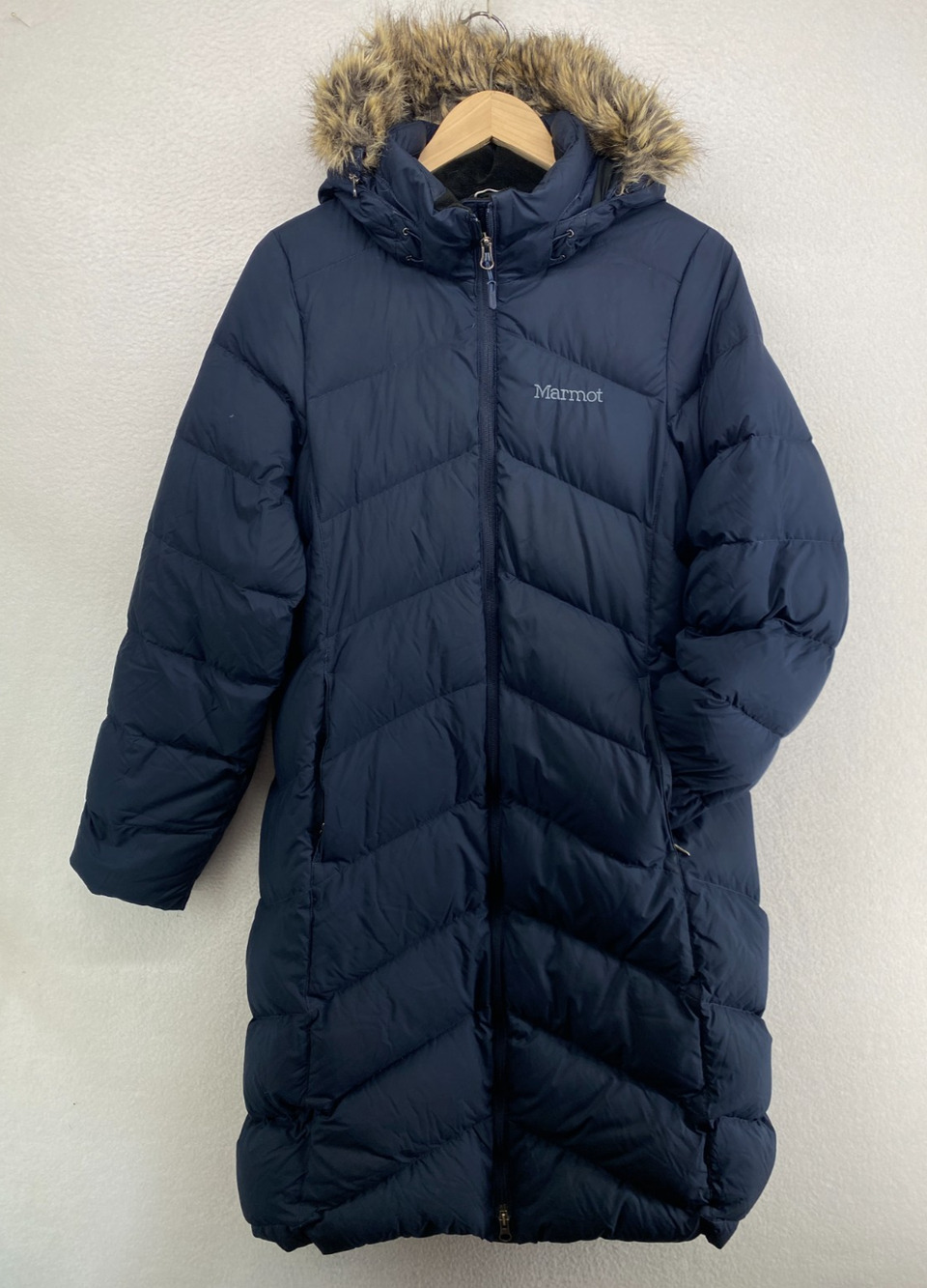 MARMOT Jacket Womens L Montreal 700 Down Coat Fleece Lined Hoodie Puffer Blue
